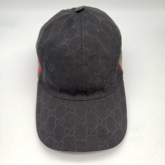100% Authentic Gucci Cap Black Canvas Leather Hat Unisex - Picture 4 of 11